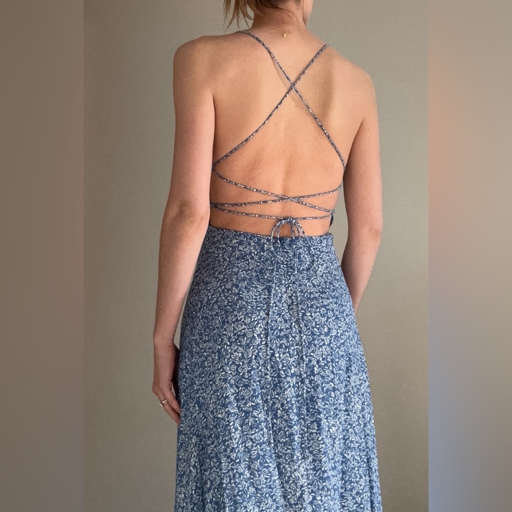 Lulu's Blue and Cream Floral Slip Dress - Picture 4 of 5